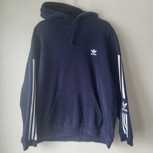Adidas Navy Hoodie with White Trefoil and Sleeve Stripes Large